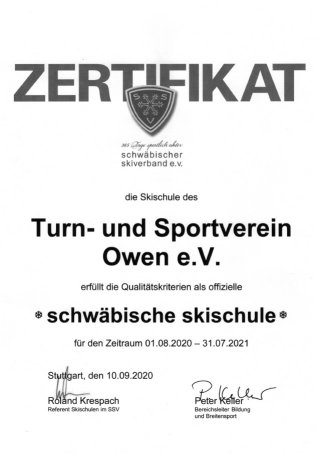 Zertifikat Schwaebische Skischule TSV Owen