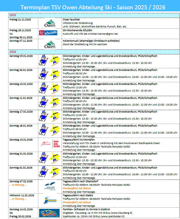 Terminplan Abteilung Ski Saison 2025 2026